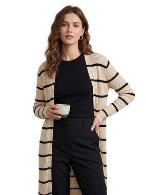 The Nines Cardigan Sweater Size Small Striped Open Front Long Sleeve Beige Black